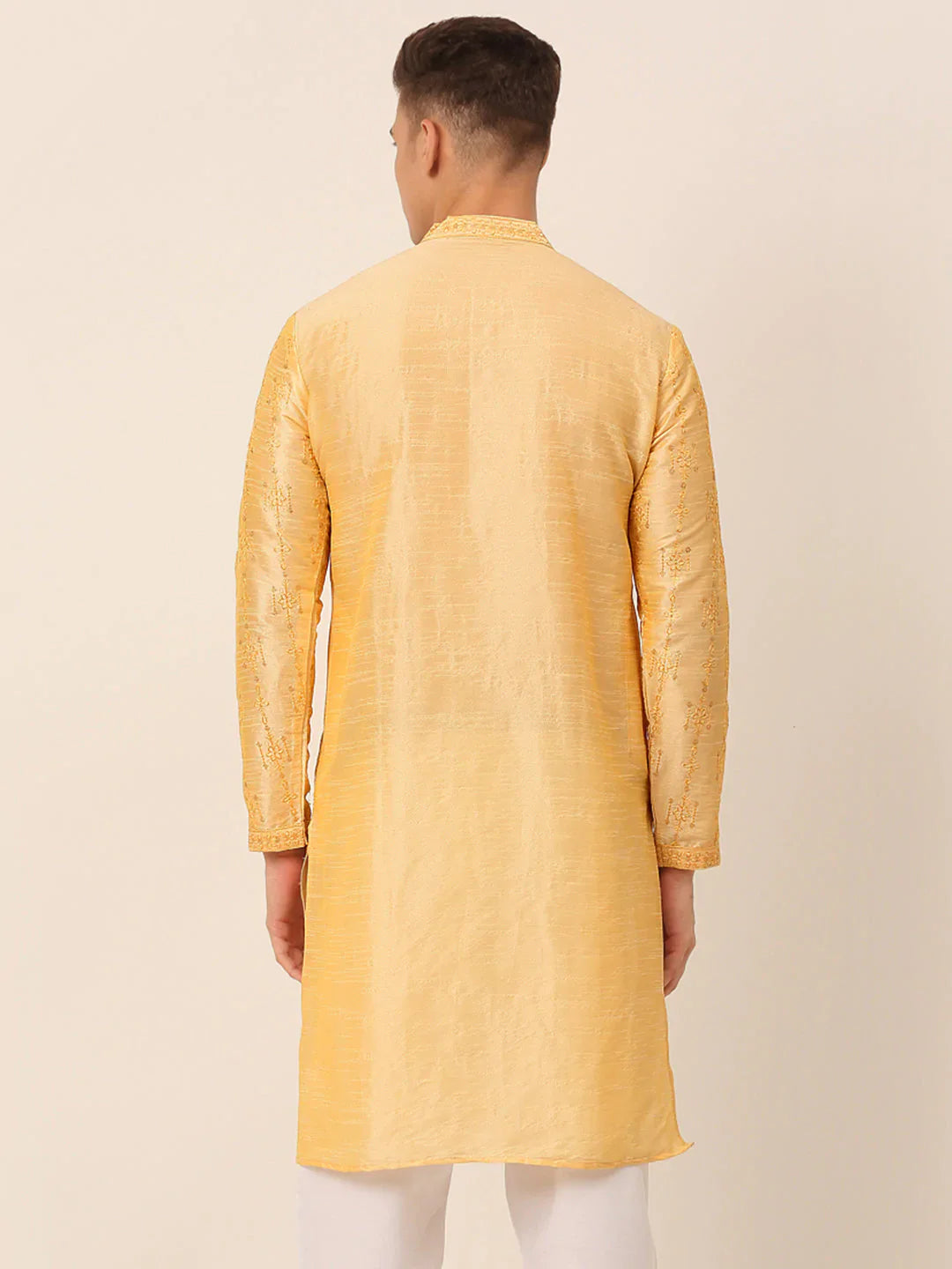 Jompers Men's Silk Blend Collar Embroidered Kurta Only - Golden - Distacart