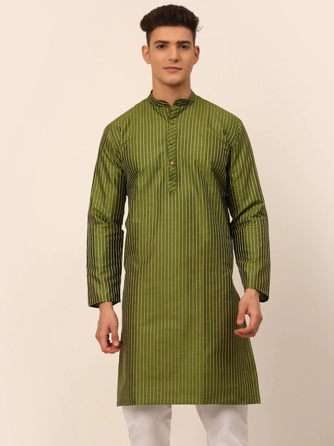 Jompers Men's Olive Green Striped Pleated Chikankari Kurta Only - Distacart