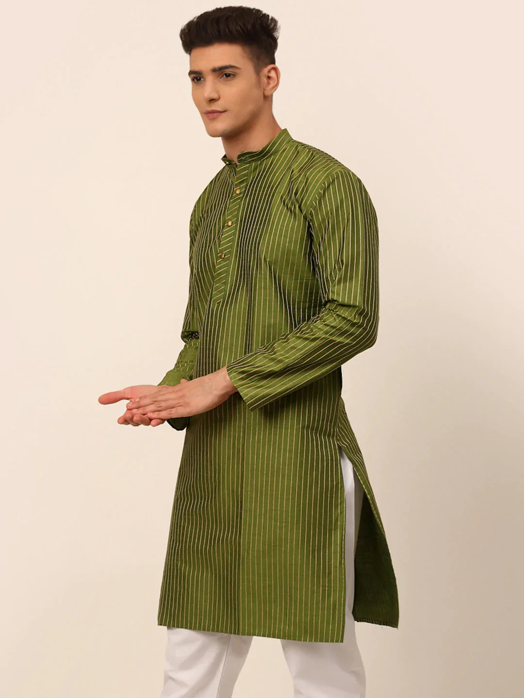Jompers Men's Olive Green Striped Pleated Chikankari Kurta Only - Distacart