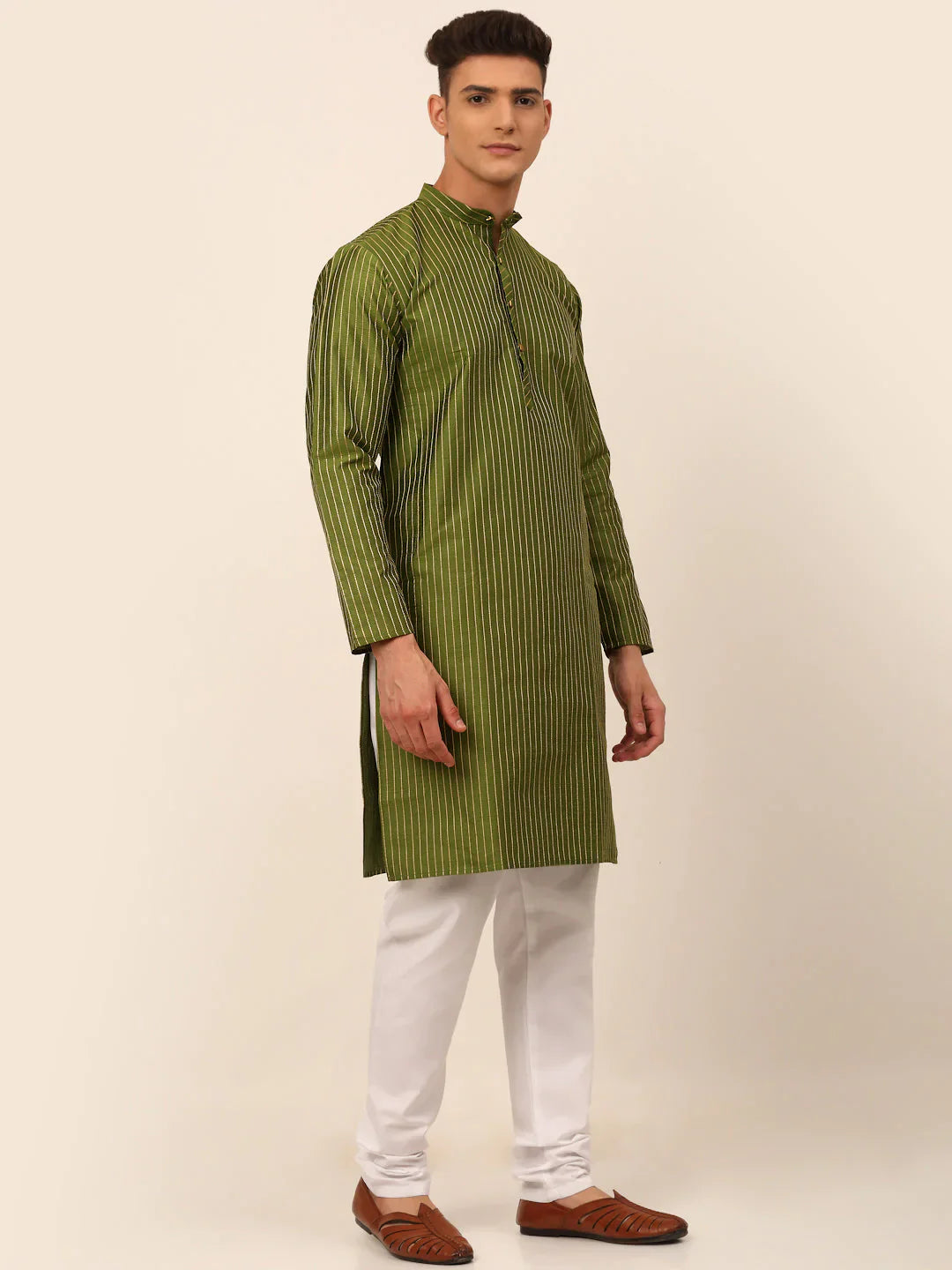 Jompers Men's Olive Green Striped Pleated Chikankari Kurta Only - Distacart