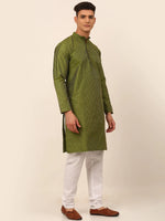 Thumbnail for Jompers Men's Olive Green Striped Pleated Chikankari Kurta Only - Distacart