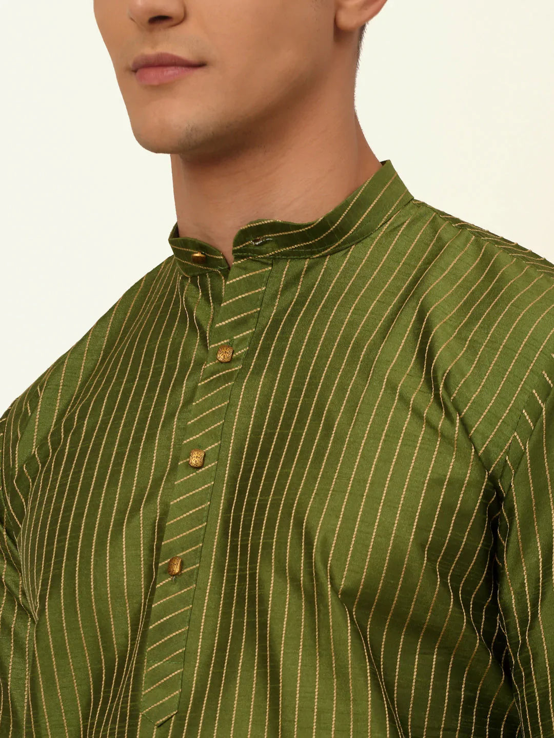 Jompers Men's Olive Green Striped Pleated Chikankari Kurta Only - Distacart