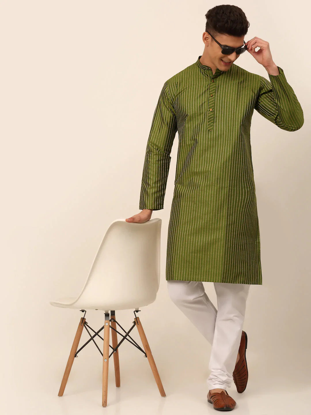 Jompers Men's Olive Green Striped Pleated Chikankari Kurta Only - Distacart