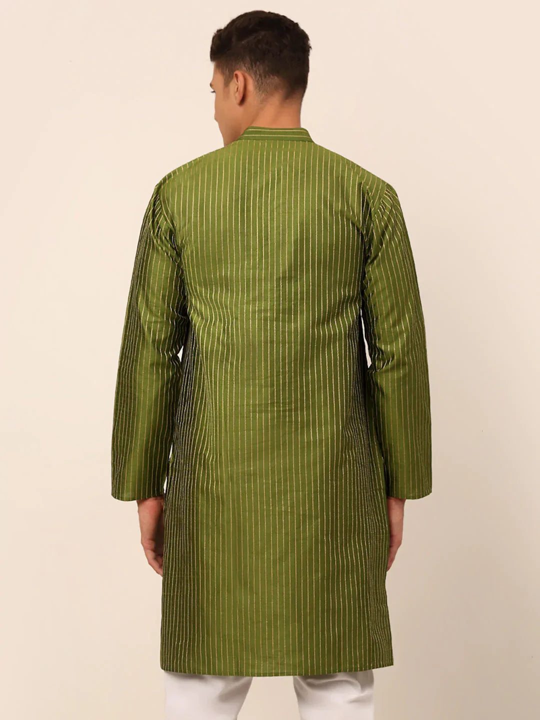 Jompers Men's Olive Green Striped Pleated Chikankari Kurta Only - Distacart