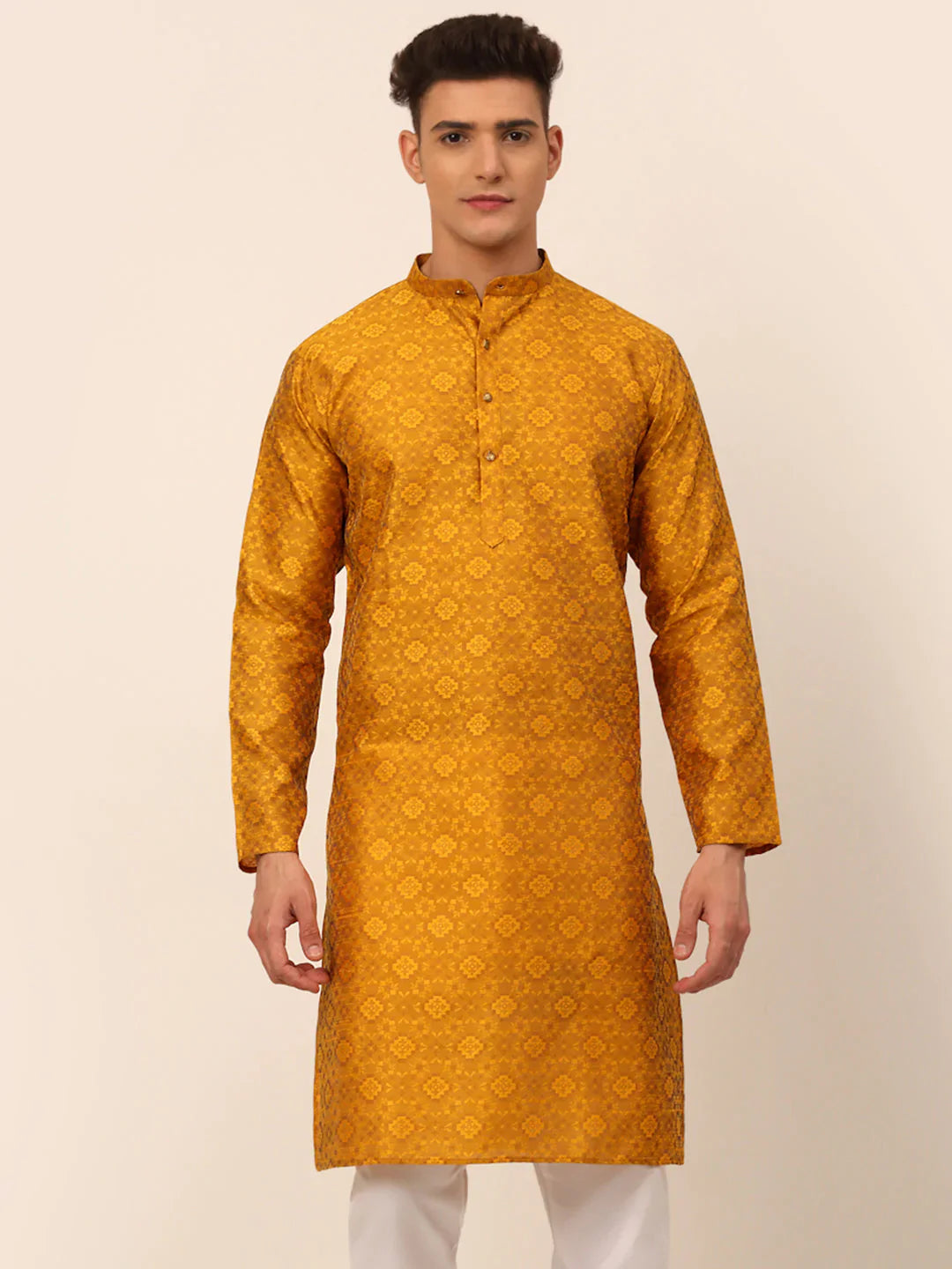 Jompers Men's Mustard Floral Printed Kurta Only - Distacart