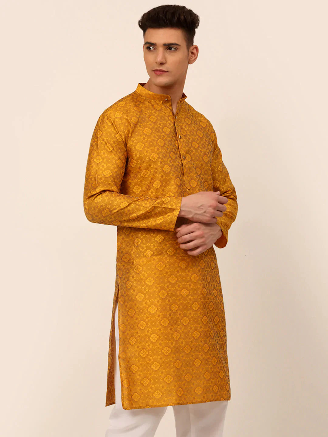Jompers Men's Mustard Floral Printed Kurta Only - Distacart