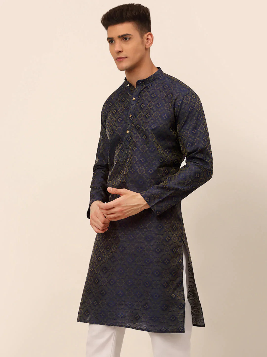 Jompers Men's Navy Blue Floral Printed Kurta Only - Distacart