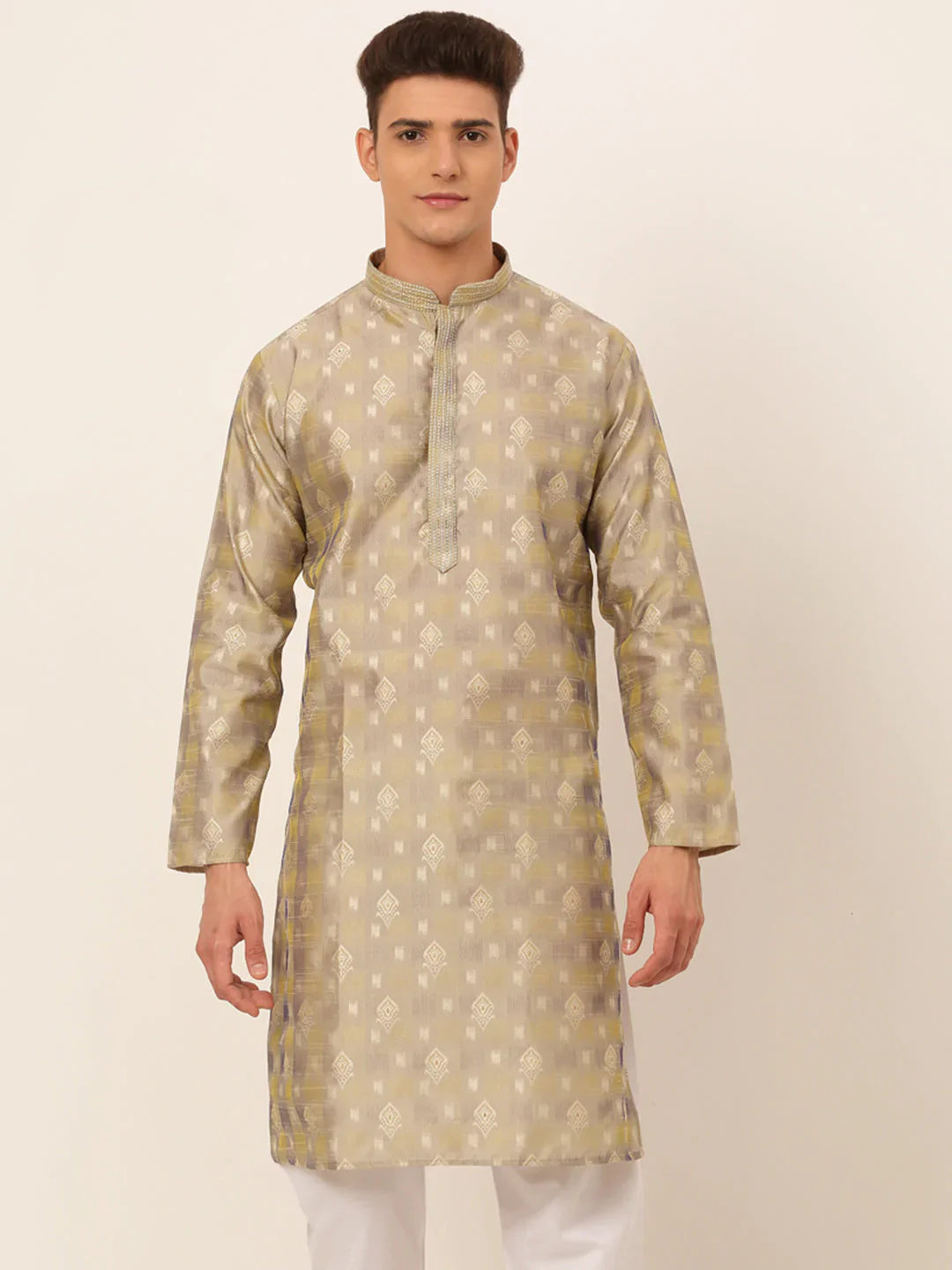 Jompers Men's Beige Collar Embroidered Woven Design Kurta Pajama - Distacart