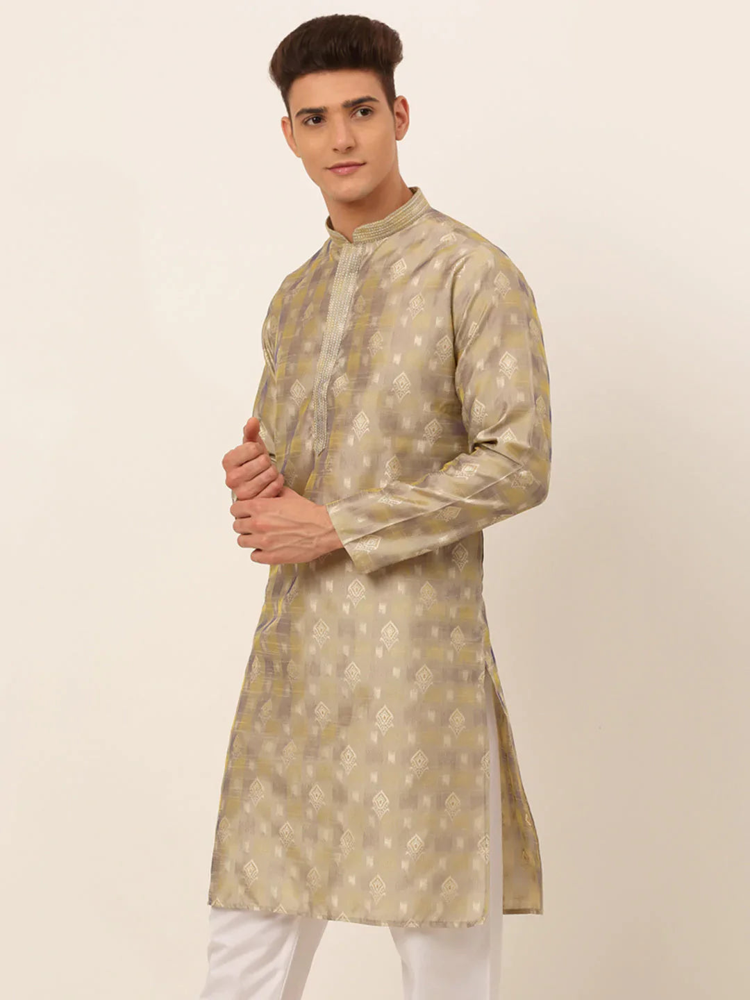 Jompers Men's Beige Collar Embroidered Woven Design Kurta Pajama - Distacart