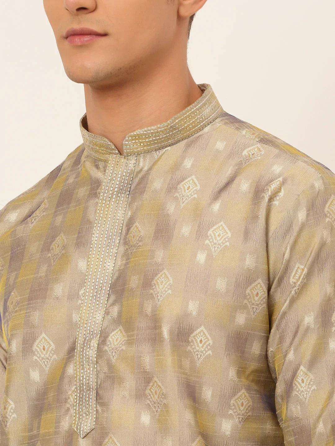 Jompers Men's Beige Collar Embroidered Woven Design Kurta Pajama - Distacart