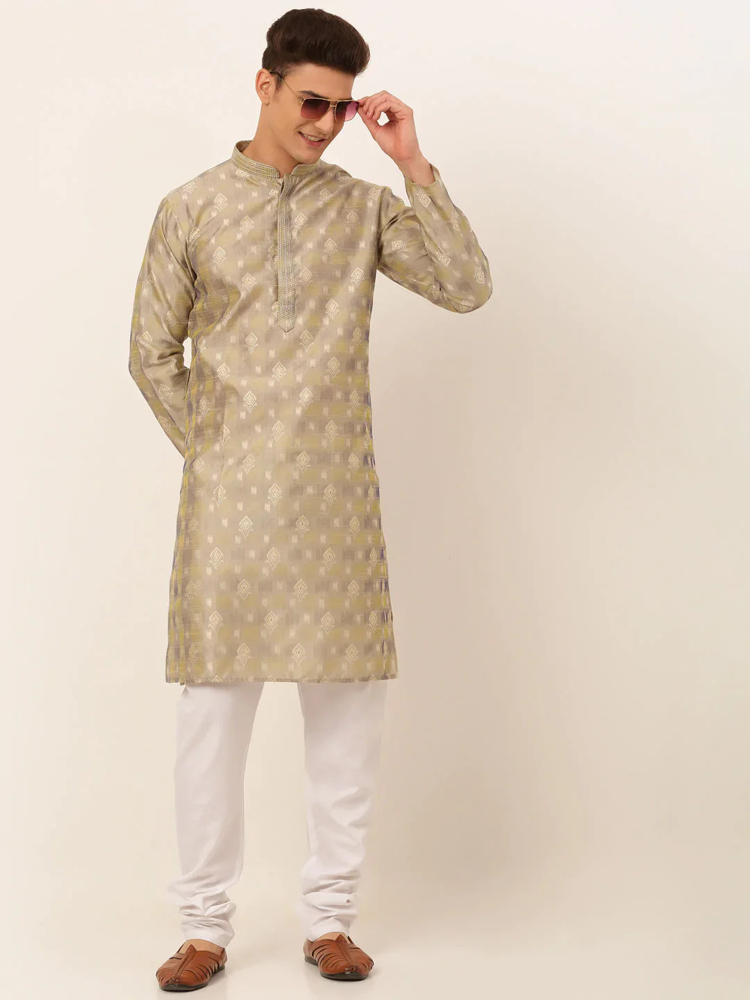 Jompers Men's Beige Collar Embroidered Woven Design Kurta Pajama - Distacart