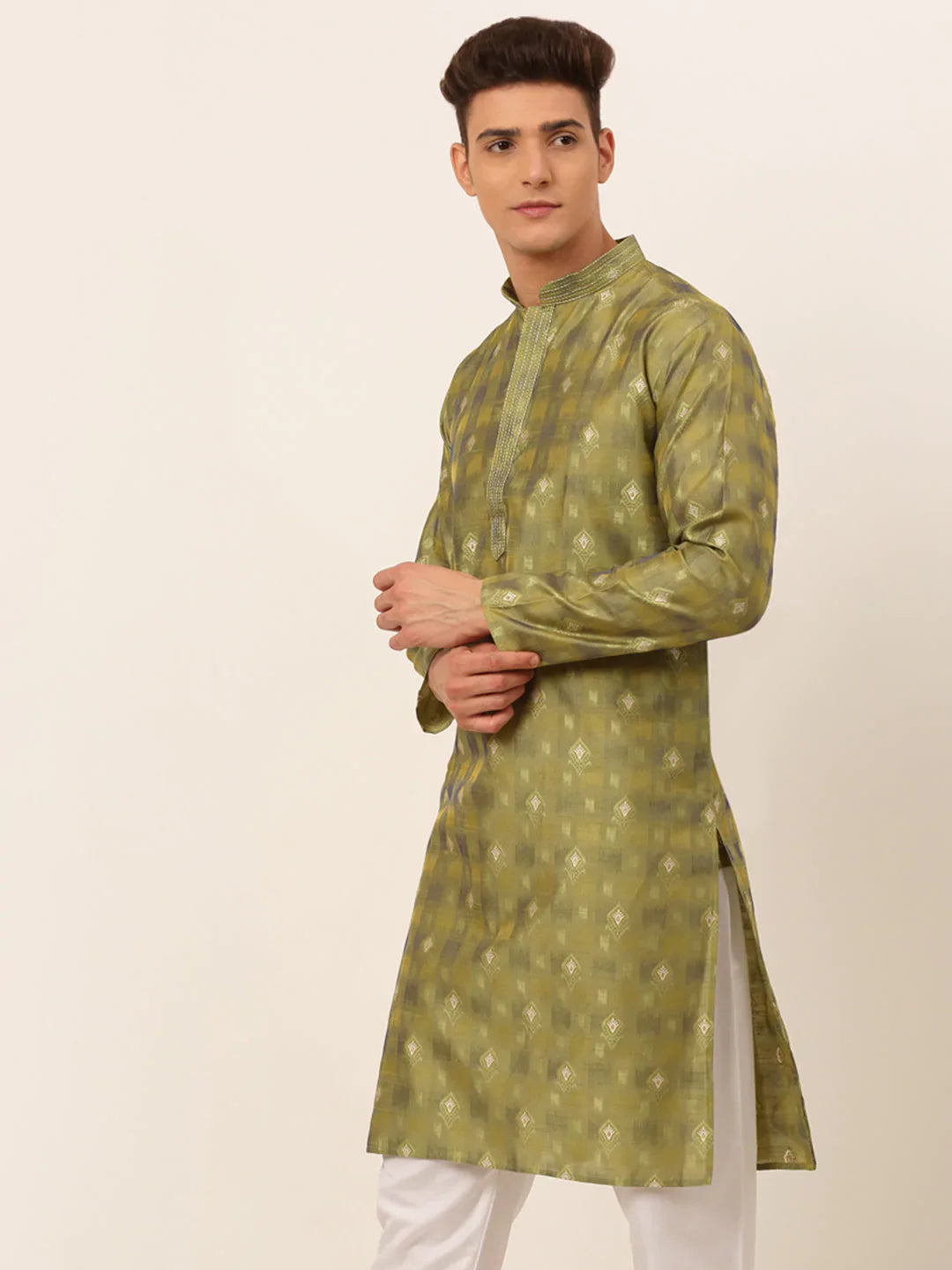Jompers Men's Green Collar Embroidered Woven Design Kurta Pajama - Distacart