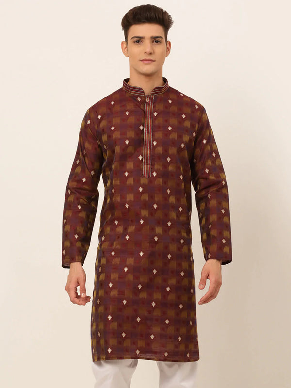 Jompers Men's Maroon Collar Embroidered Woven Design Kurta Pajama - Distacart