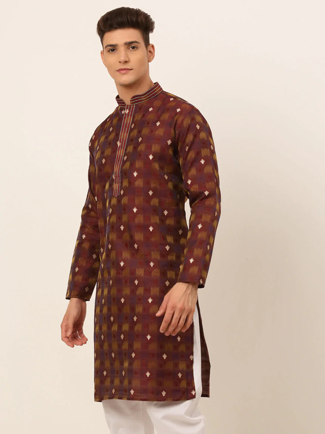 Jompers Men's Maroon Collar Embroidered Woven Design Kurta Pajama - Distacart