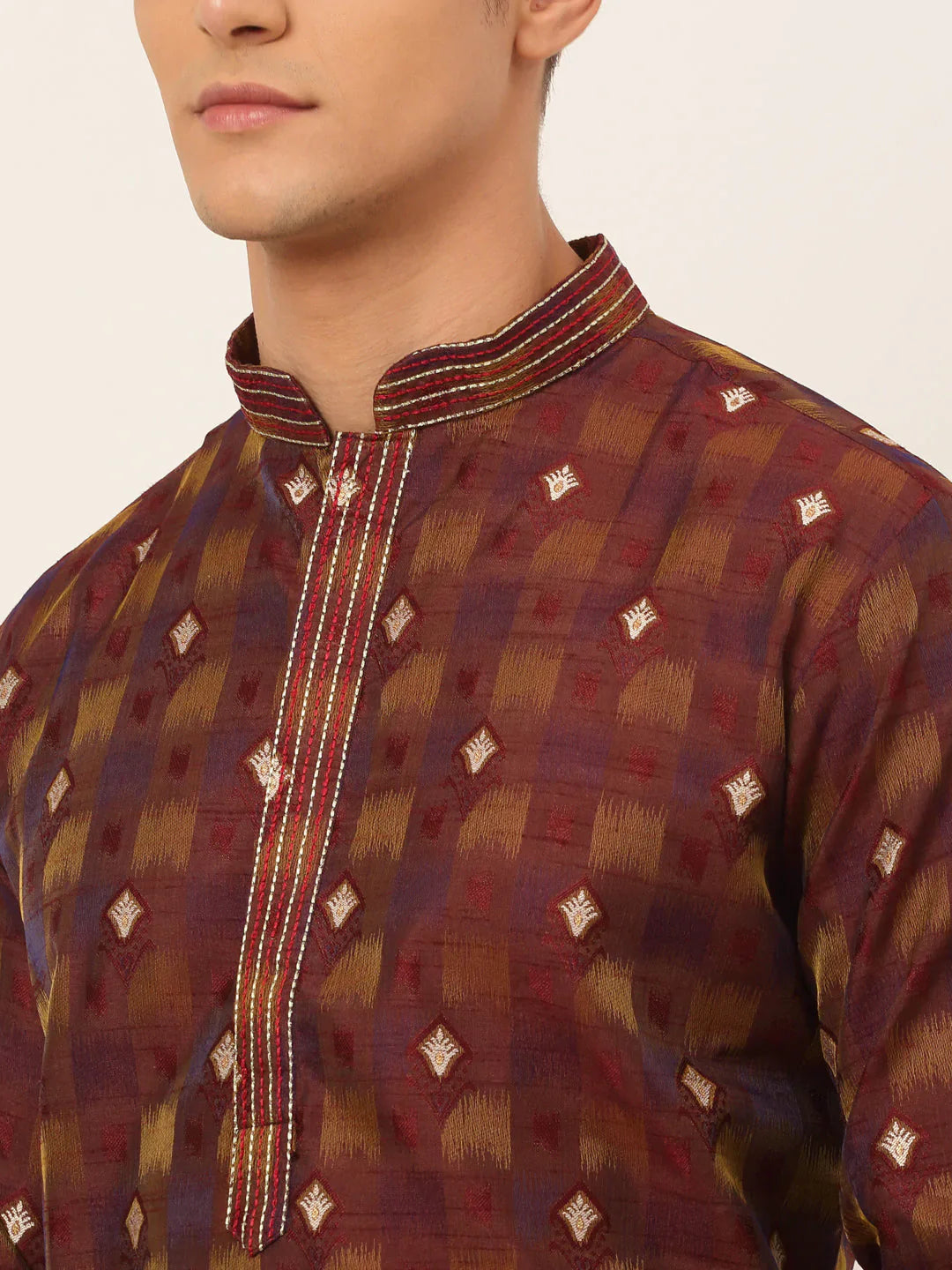 Jompers Men's Maroon Collar Embroidered Woven Design Kurta Pajama - Distacart
