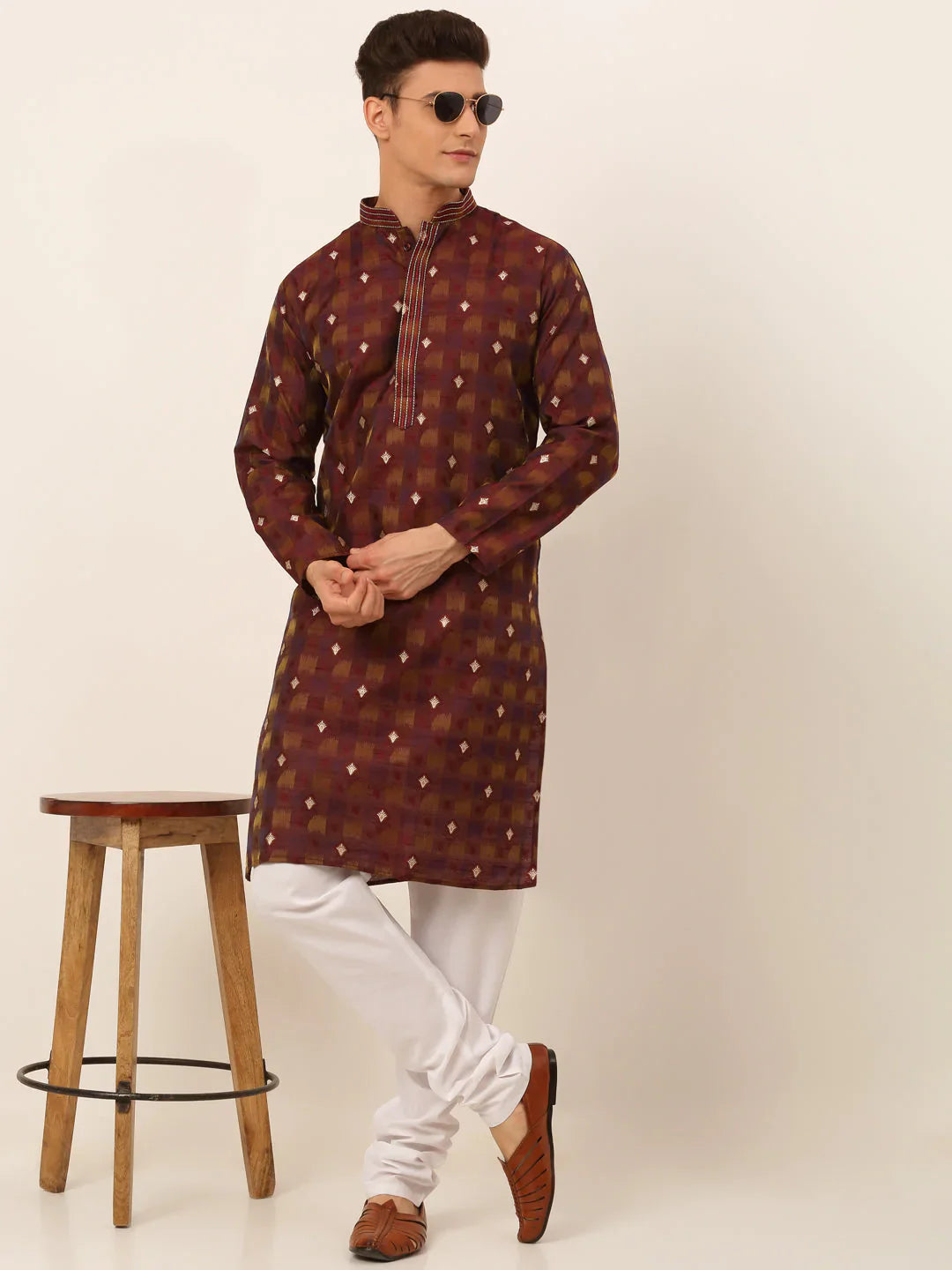 Jompers Men's Maroon Collar Embroidered Woven Design Kurta Pajama - Distacart