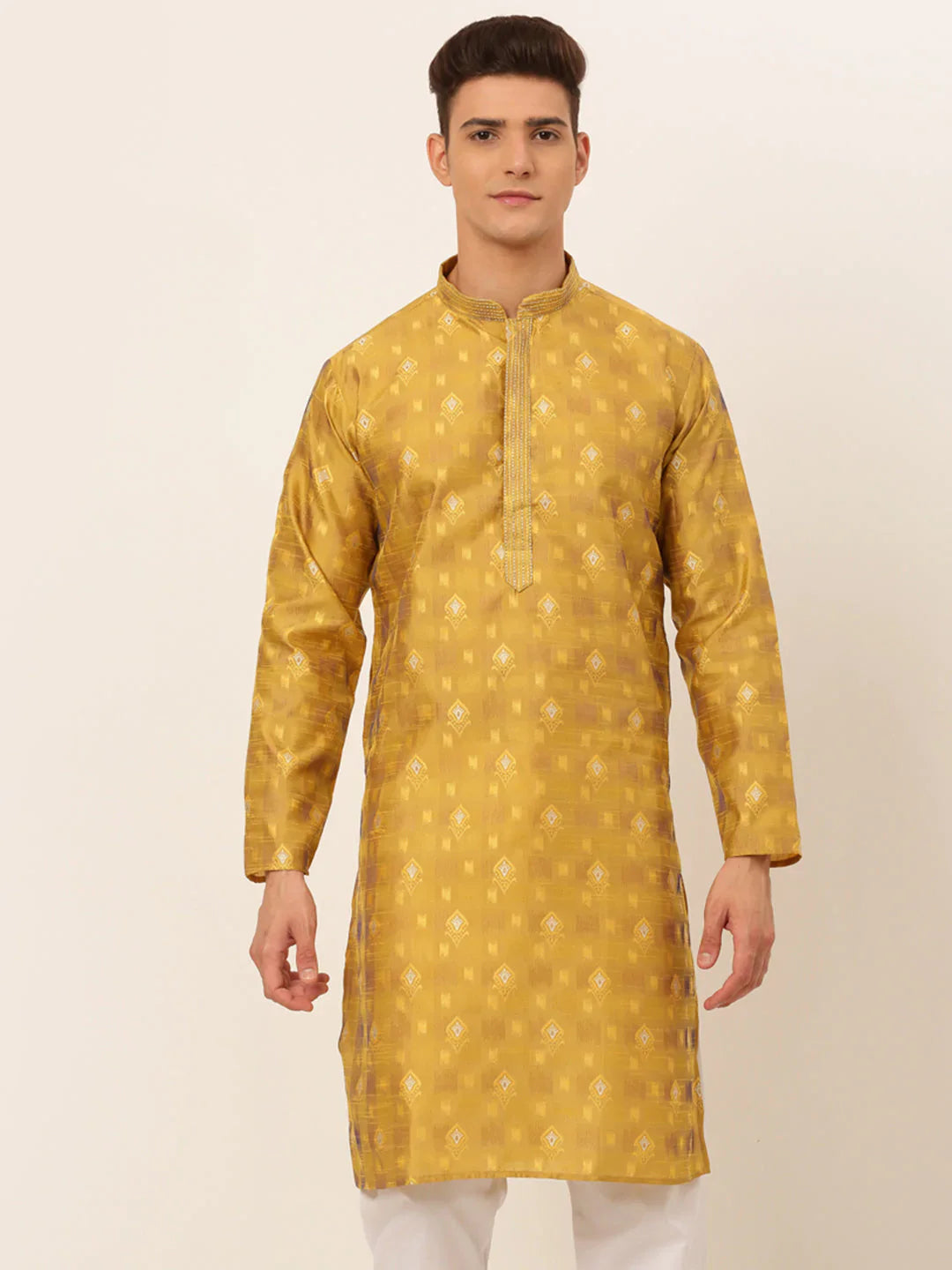 Jompers Men's Mustard Collar Embroidered Woven Design Kurta Pajama - Distacart
