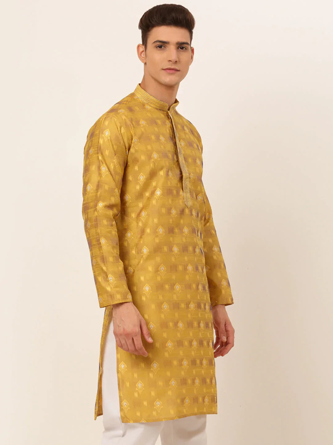 Jompers Men's Mustard Collar Embroidered Woven Design Kurta Pajama - Distacart