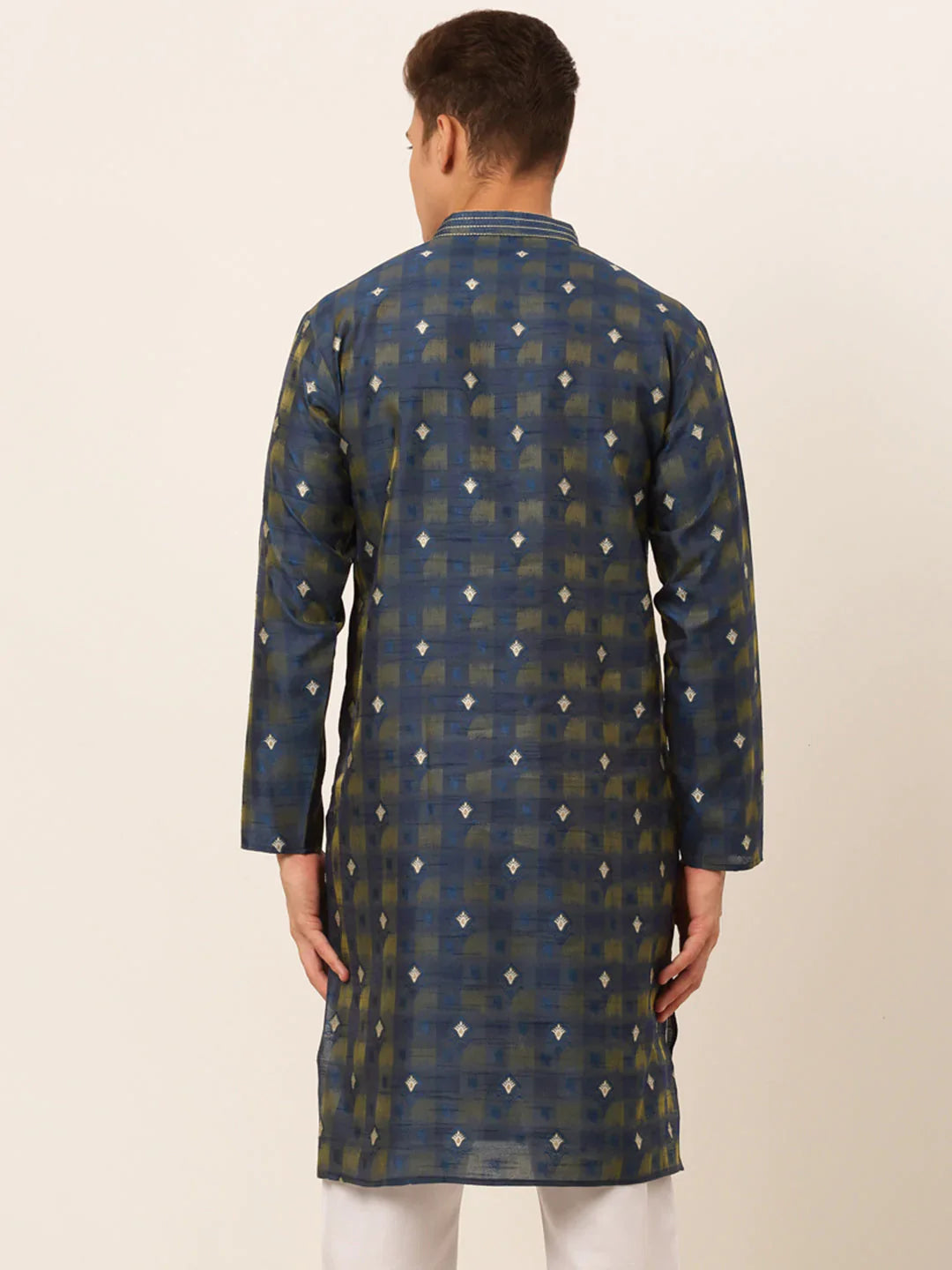 Jompers Men's Navy Blue Collar Embroidered Woven Design Kurta Pajama - Distacart