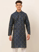 Thumbnail for Jompers Men's Navy Blue Collar Embroidered Woven Design Kurta Pajama - Distacart