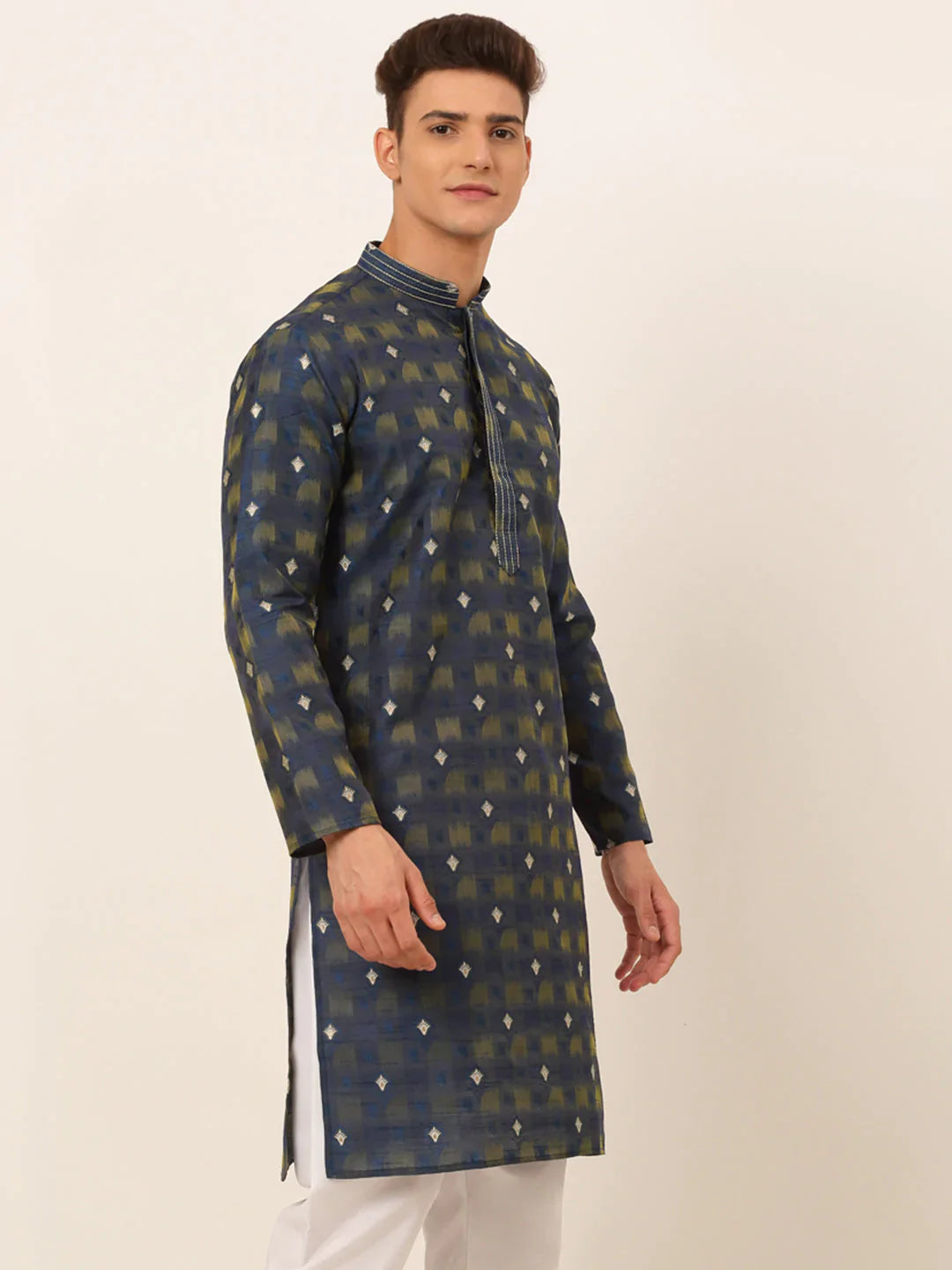 Jompers Men's Navy Blue Collar Embroidered Woven Design Kurta Pajama - Distacart