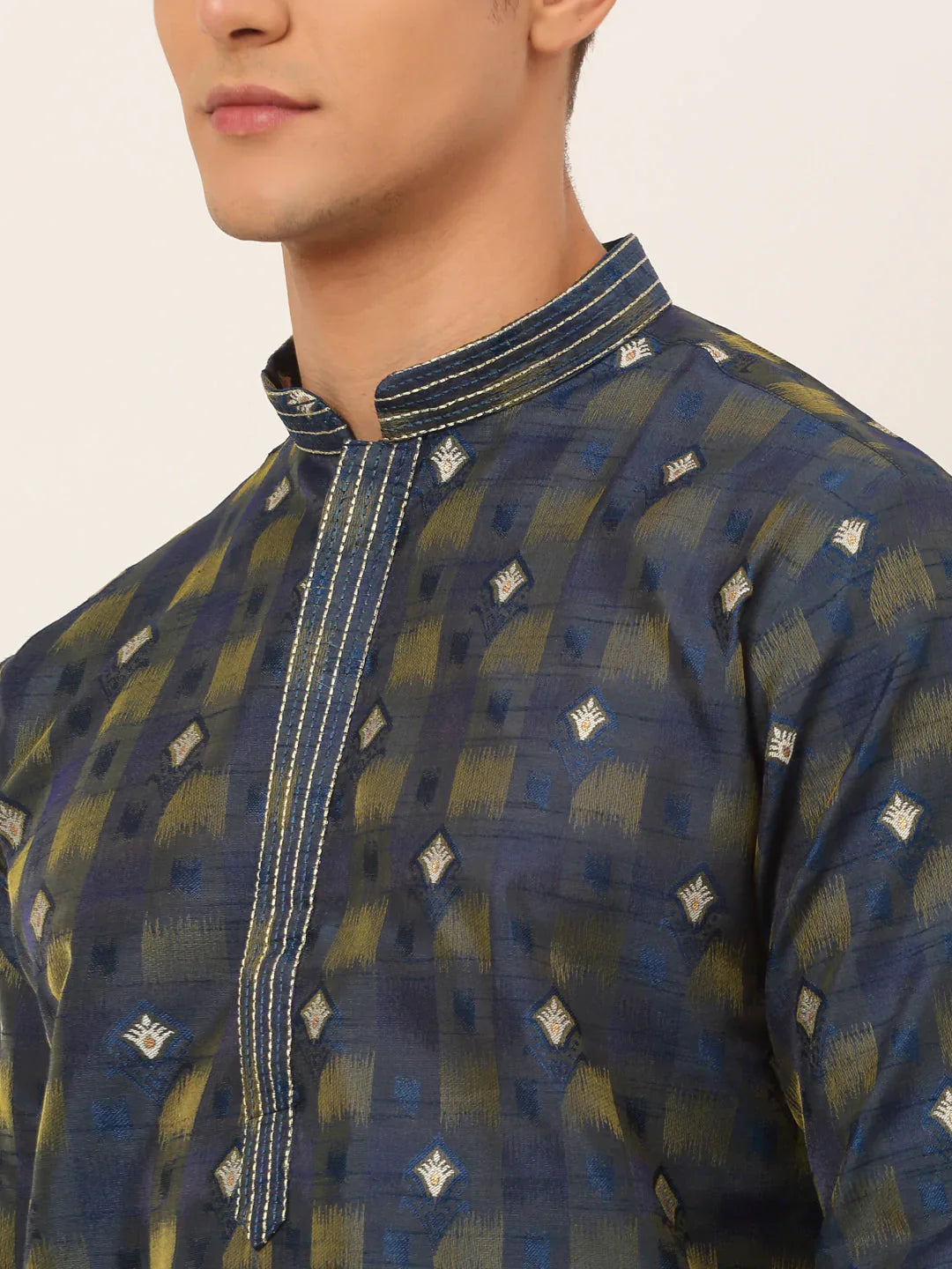 Jompers Men's Navy Blue Collar Embroidered Woven Design Kurta Pajama - Distacart