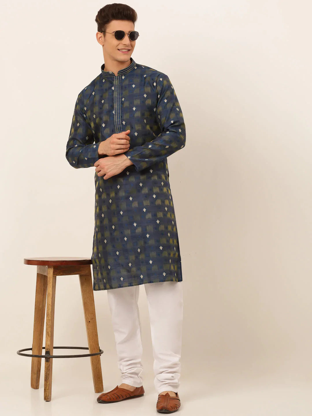 Jompers Men's Navy Blue Collar Embroidered Woven Design Kurta Pajama - Distacart