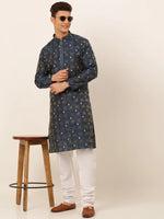 Thumbnail for Jompers Men's Navy Blue Collar Embroidered Woven Design Kurta Pajama - Distacart