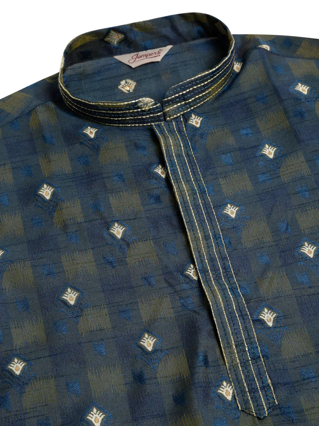 Jompers Men's Navy Blue Collar Embroidered Woven Design Kurta Pajama - Distacart