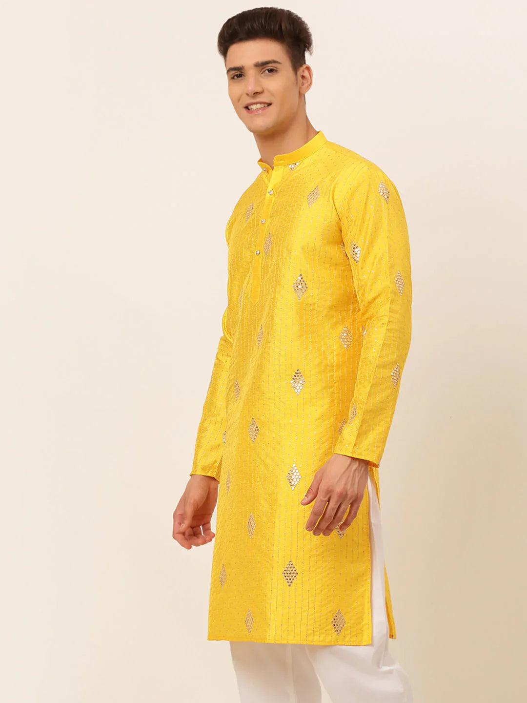 Jompers Men's Mustard Yellow Embroidered Sequinned Kurta Only - Distacart