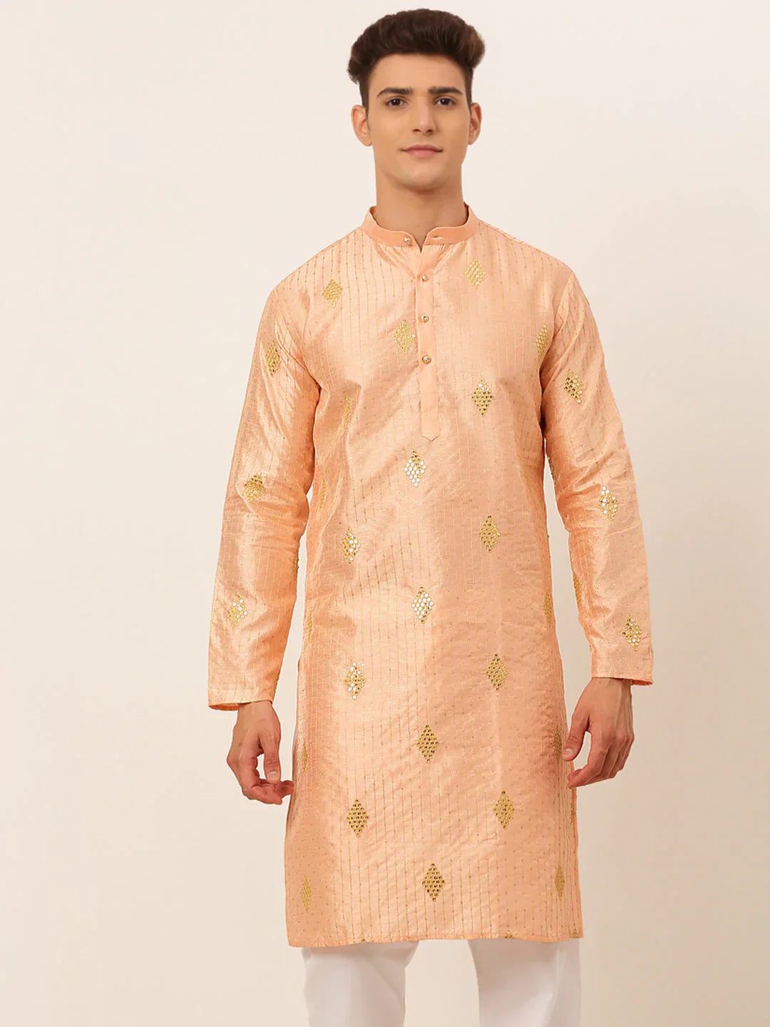 Jompers Men's Peach Embroidered Sequinned Kurta Only - Distacart