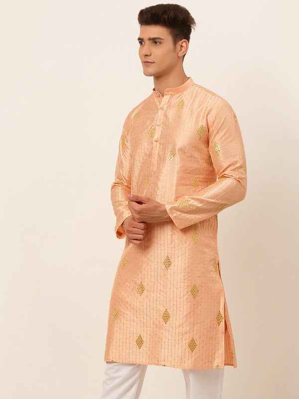 Jompers Men's Peach Embroidered Sequinned Kurta Only - Distacart