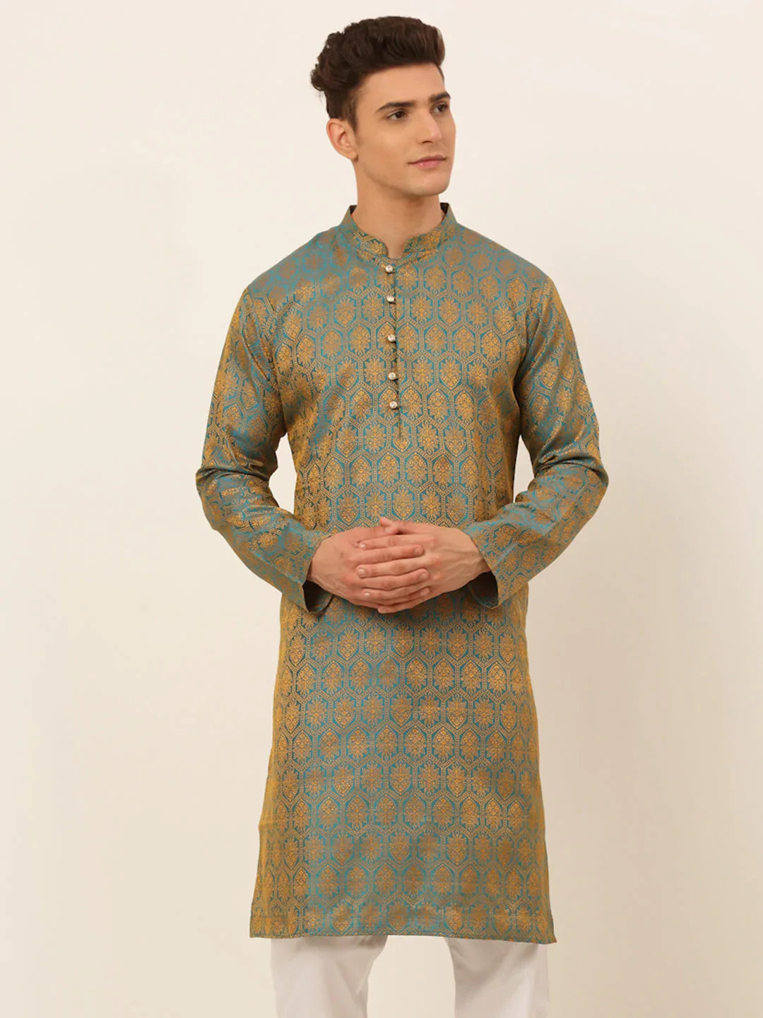 Jompers Men's Blue and Golden Woven Design Kurta Only - Distacart