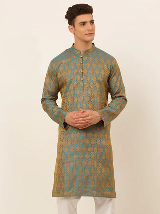 Jompers Men's Blue and Golden Woven Design Kurta Only - Distacart