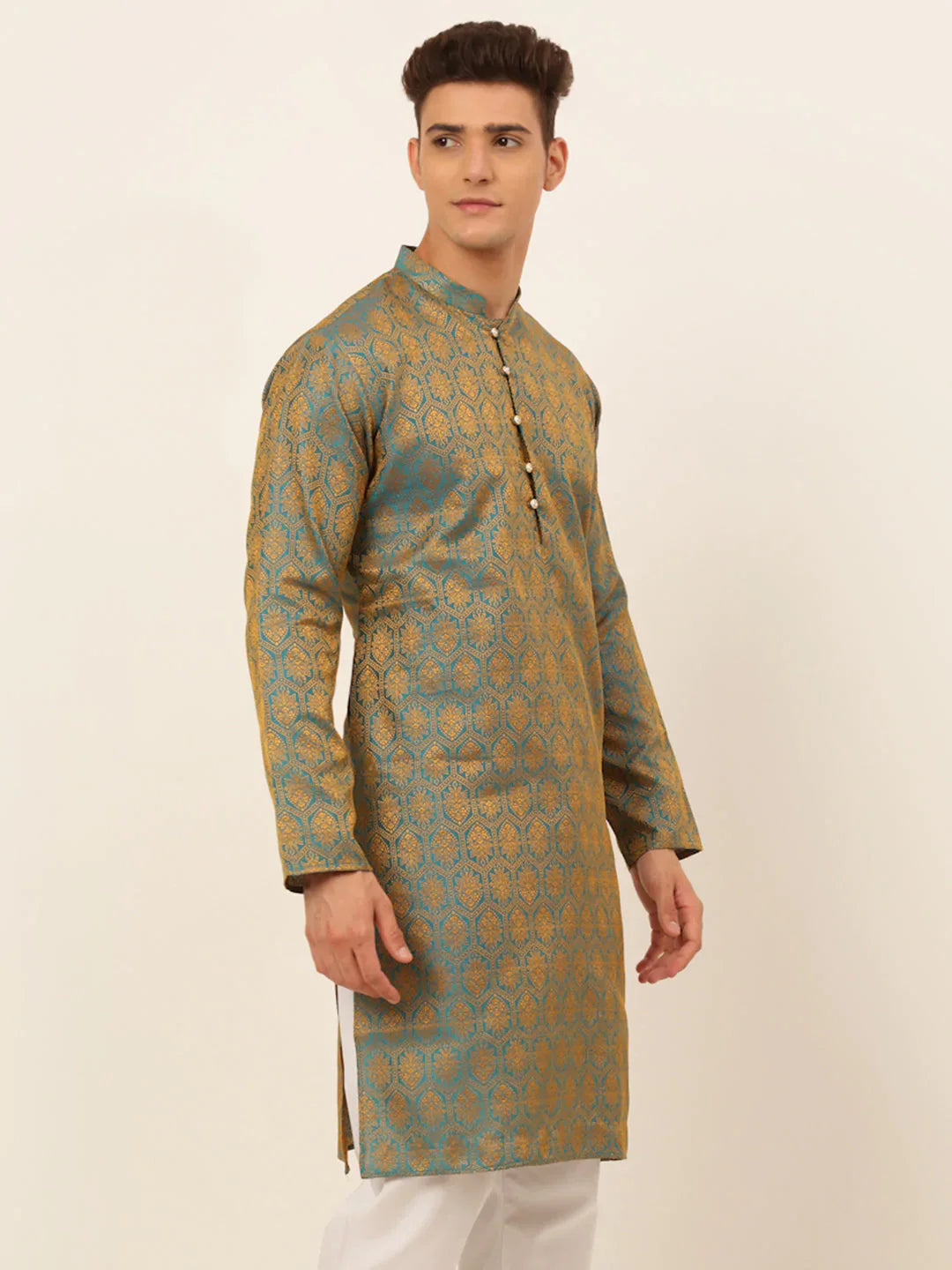 Jompers Men's Blue and Golden Woven Design Kurta Only - Distacart