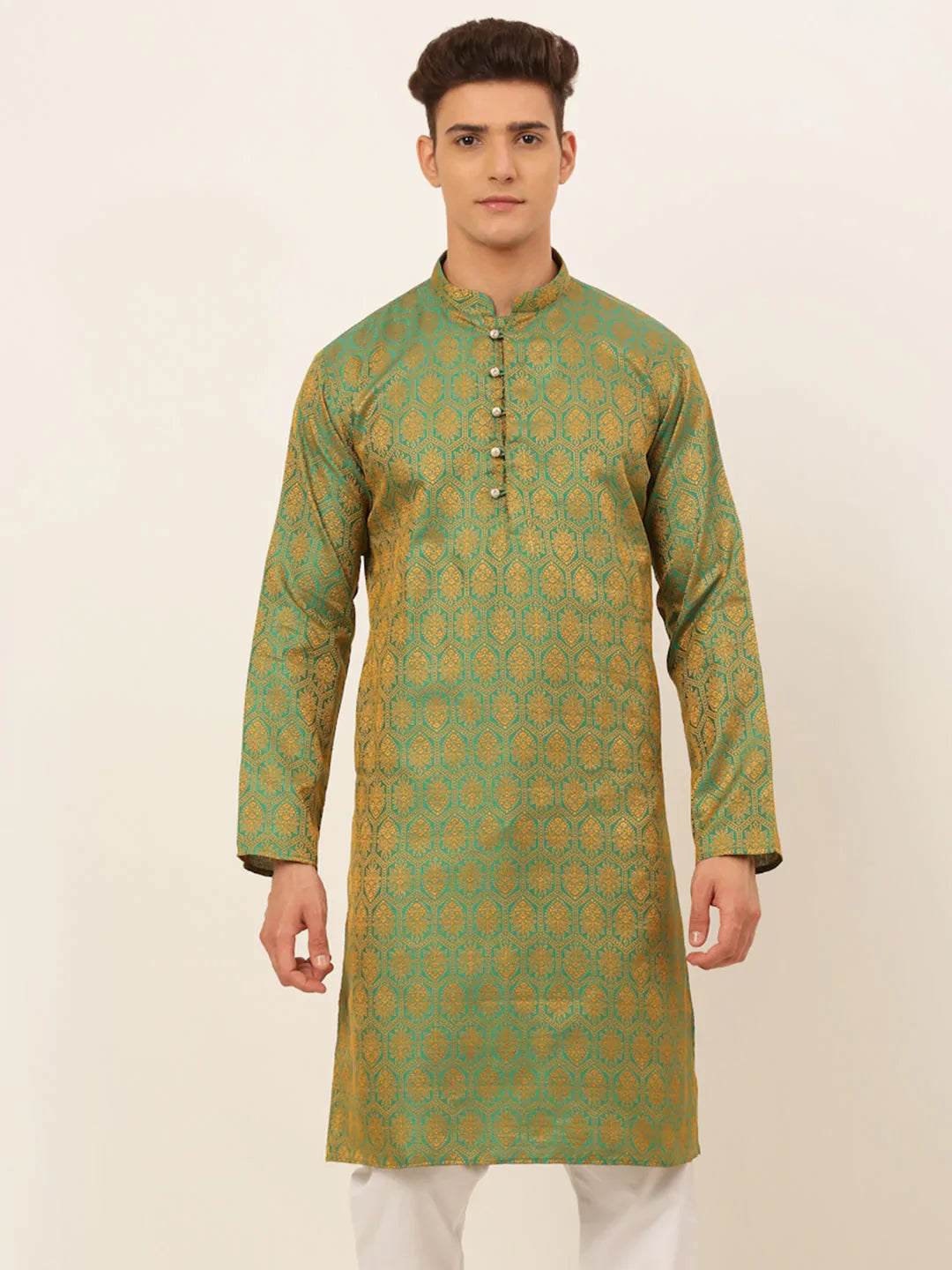 Jompers Men's Green and Golden Woven Design Kurta Only - Distacart