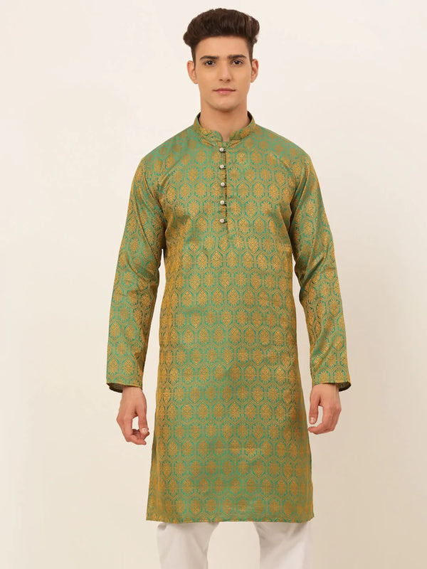 Jompers Men's Green and Golden Woven Design Kurta Only - Distacart