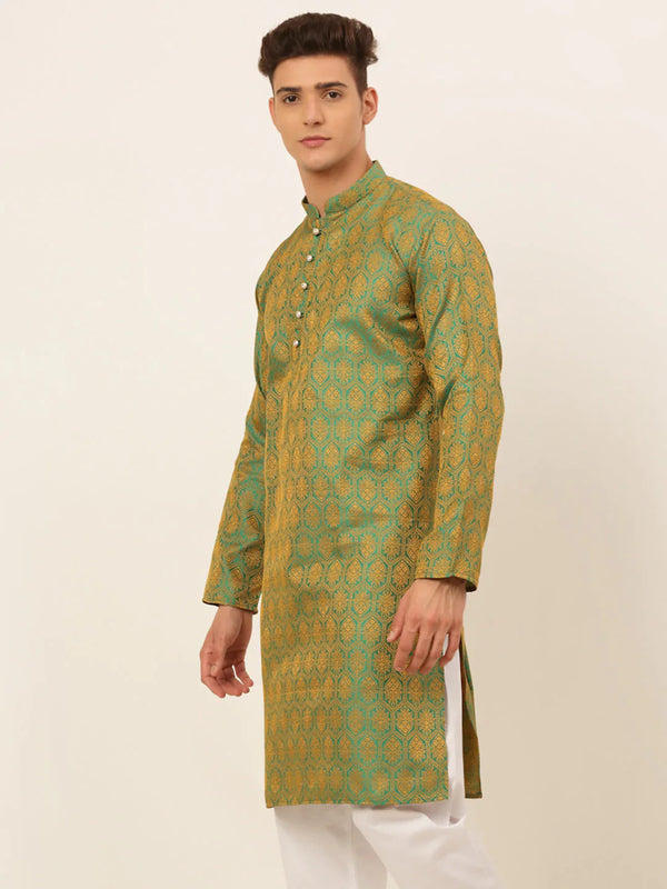 Jompers Men's Green and Golden Woven Design Kurta Only - Distacart