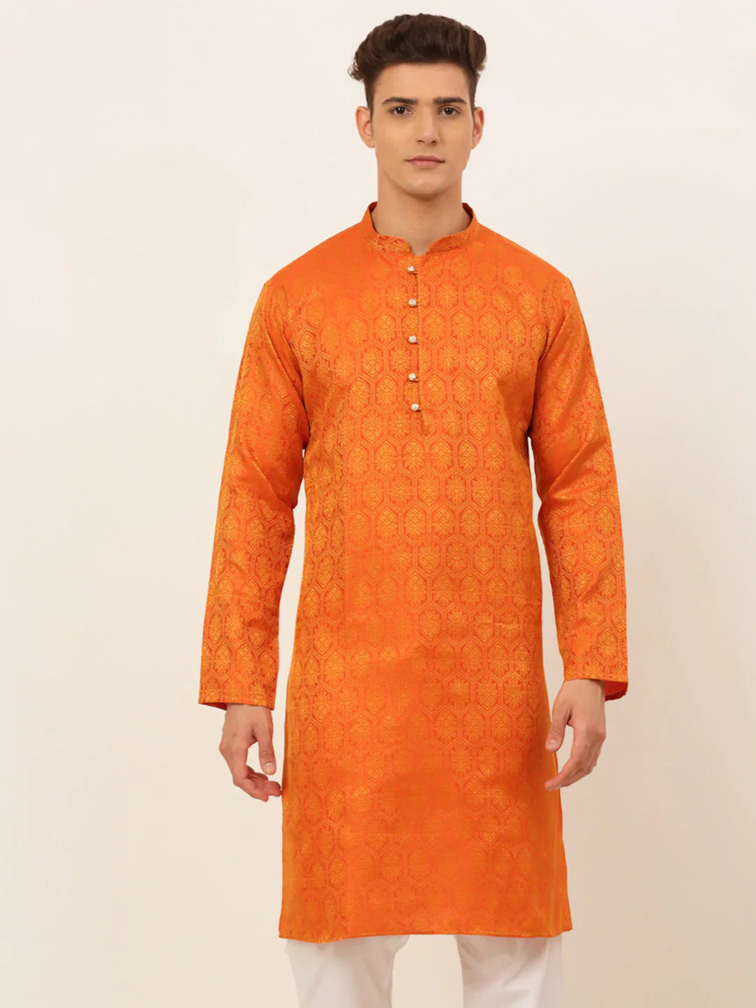 Jompers Men's Orange and Golden Woven Design Kurta Only - Distacart
