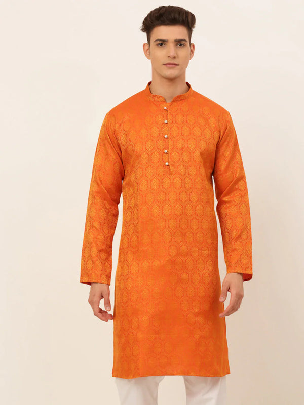Jompers Men's Orange and Golden Woven Design Kurta Only - Distacart