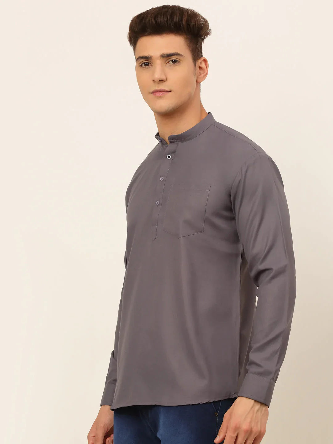 Jompers Men's Grey Solid Cotton Short Kurta - Distacart