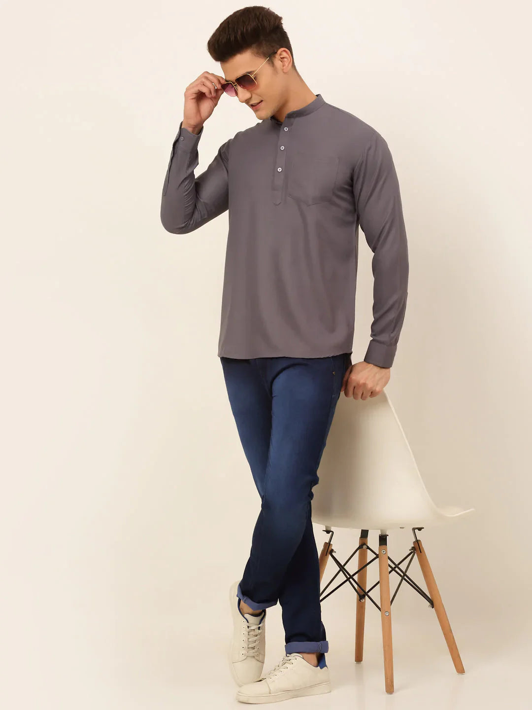 Jompers Men's Grey Solid Cotton Short Kurta - Distacart