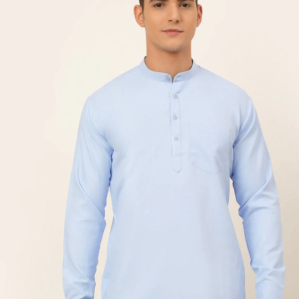 Jompers Men's Light-Blue Solid Cotton Short Kurta - Light-Blue - Distacart