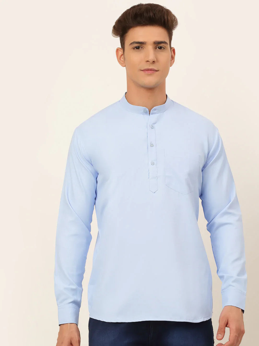 Jompers Men's Light-Blue Solid Cotton Short Kurta - Light-Blue - Distacart