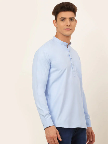 Jompers Men's Light-Blue Solid Cotton Short Kurta - Light-Blue - Distacart
