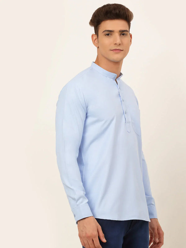 Jompers Men's Light-Blue Solid Cotton Short Kurta - Light-Blue - Distacart