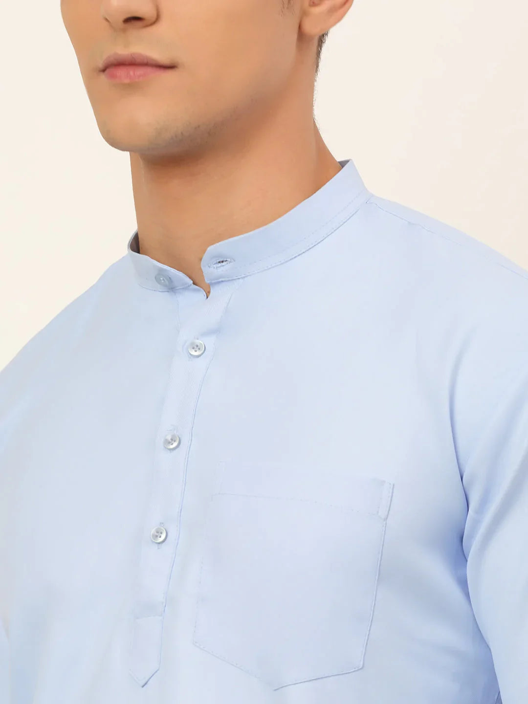 Jompers Men's Light-Blue Solid Cotton Short Kurta - Light-Blue - Distacart