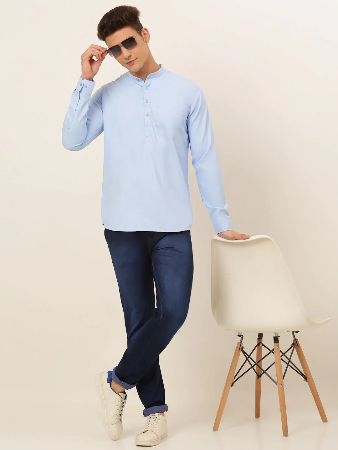 Jompers Men's Light-Blue Solid Cotton Short Kurta - Light-Blue - Distacart
