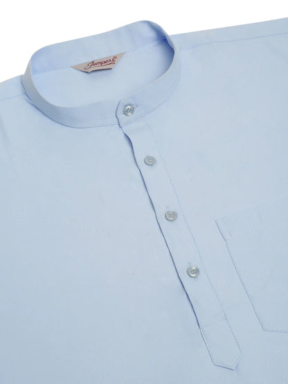 Jompers Men's Light-Blue Solid Cotton Short Kurta - Light-Blue - Distacart