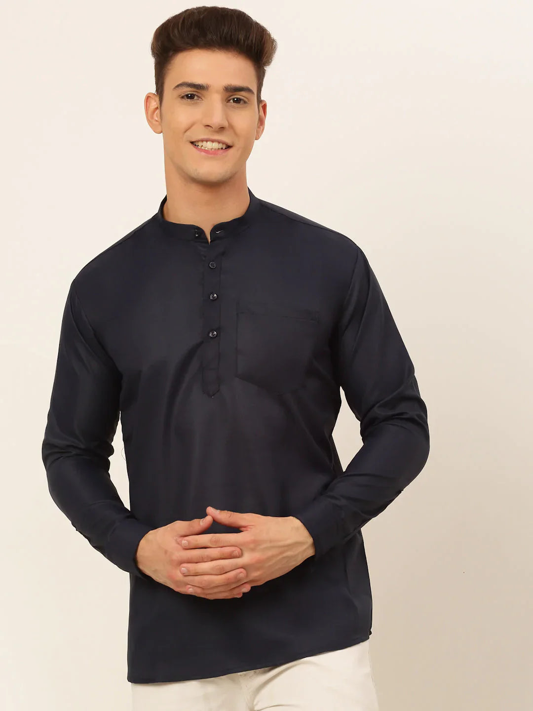 Jompers Men's Navy-Blue Solid Cotton Short Kurta - Navy Blue - Distacart